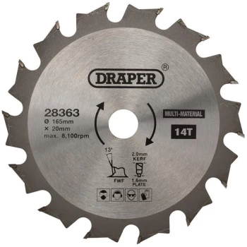 image of 28363 TCT Multi Purpose Circular Saw Blade 165 x 20mm 14T - Draper