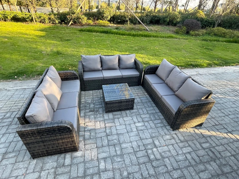 Image of Fimous Patio Garden Furniture Sets Wicker 9 Seater Outdoor Rattan Furniture Sofa Sets with Square Coffee Table Dark Grey