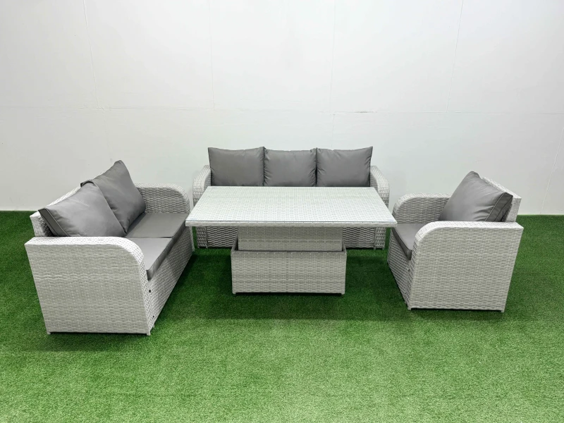 Image of Fimous Patio PE Wicker 6 Seater Outdoor Rattan Furniture Sofa Sets with Adjustable Lifting Dining or Coffee Table Reclining Chair Loveseat Sofa 3 Seat