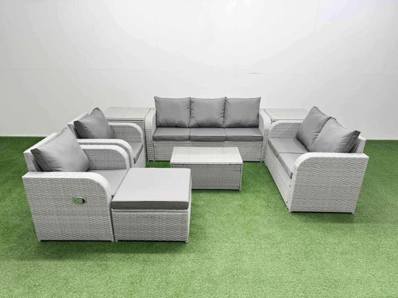 Image of Fimous PE Rattan Garden Furniture Set Adjustable Chair Sofa Double Love Seat 2 Seater Sofa Lounge Set Oblong Coffee Table Big Footstool 2 Side Table L