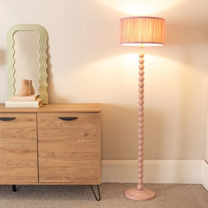 Image of ValueLights Bobbins Painted Rose Floor Lamp with Ruched Pleated Drum Lamp Shade Light Pink