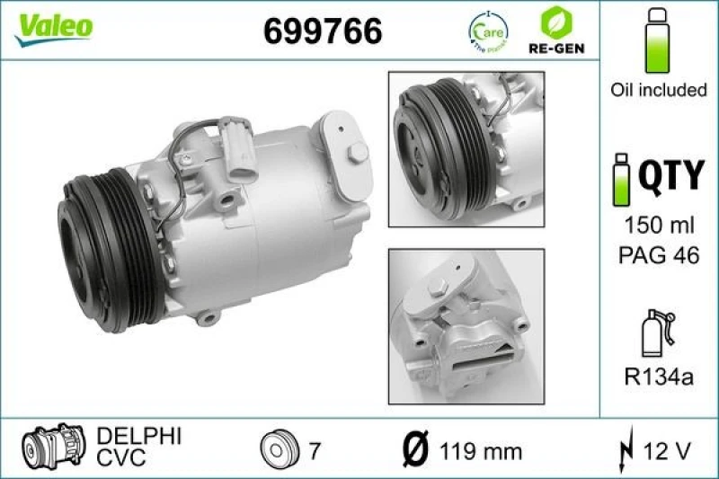 Image of VALEO 699766 AC Compressor PAG 46, Refrigerant: R134a, with PAG compressor oil Compressor,air conditioning (447)