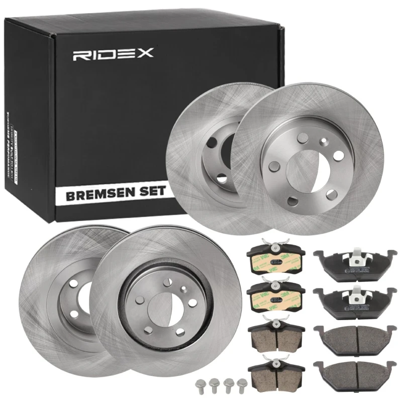 Image of RIDEX 3405B0343 Brake disc and pads set Front Axle, Brake Disc Type: internally vented, not prepared for wear warning indicator Brake Set,disc brakes