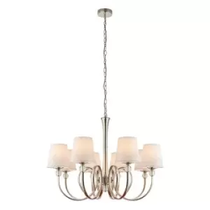 Image of Fabia 8 Light Multi Arm Shade Pendant Polished Nickel Plate, Vintage White Silk, E14