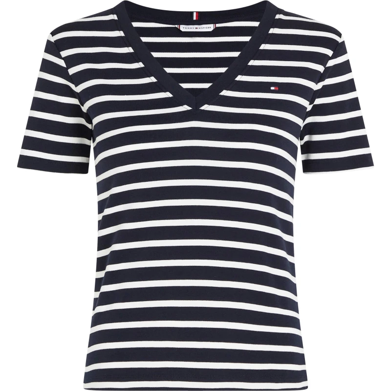 Image of Tommy Hilfiger Cotton V-Neck T-Shirt with Short Sleeves Navy Striped Women XS;S;M;L;XL