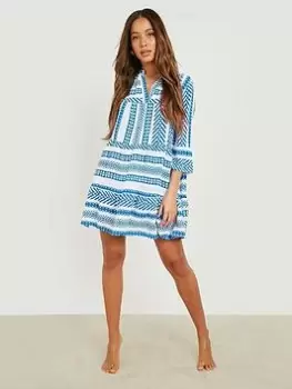 Image of Boohoo Printed Tiered Shift Beach Kaftan - Blue Size M, Women