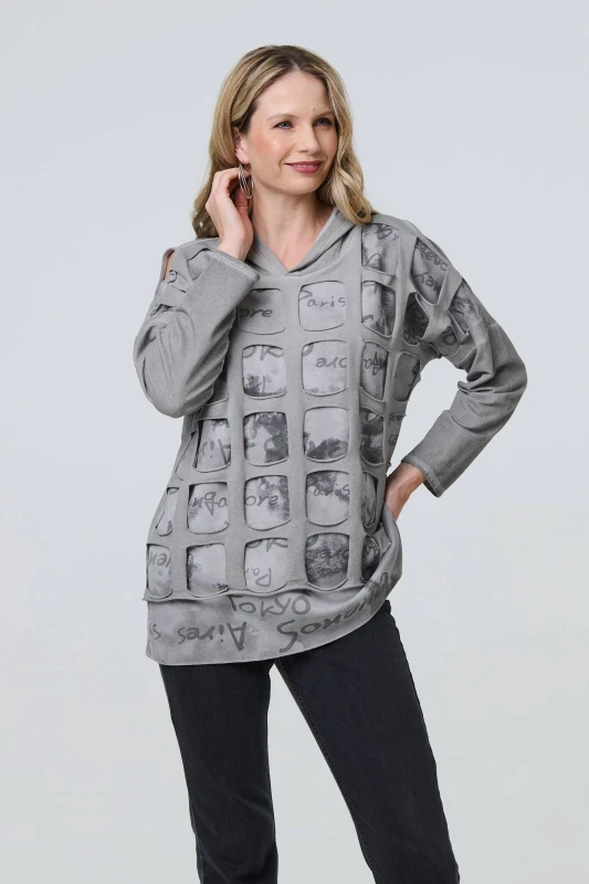 Image of Izabel London Womens Graphic Print Cut Out Layer Hoodie in Silver Size: 12-14 Silver Female 12-14