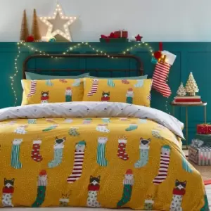 image of Furn. Meowy Christmas Duvet Cover and Pillowcase Set Ochre