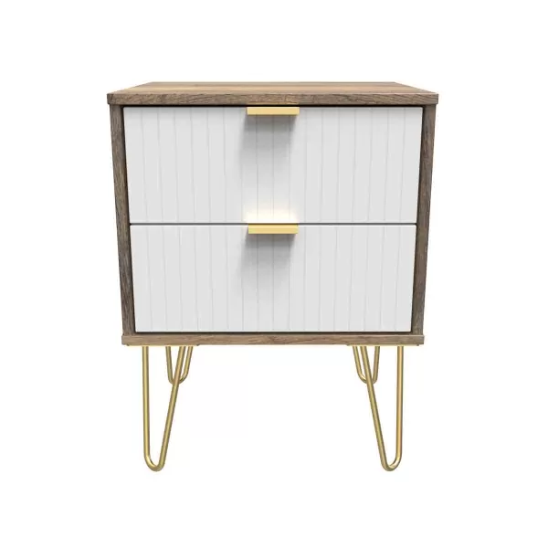 image of Welcome Furniture Ready Assembled Linear 2 Drawer Bedside Cabinet In White Matt & Vintage Oak