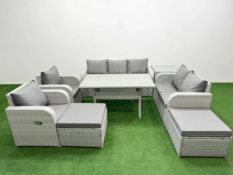 Image of Fimous PE Rattan Garden Furniture Set Reclining Chair Sofa Double Love Seat 2 Seater Sofa Lounge Set Rectangular Dining Table 2 Big Footstool Side Tab