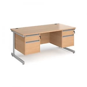 Image of Dams International Straight Desk with Beech Coloured MFC Top and Silver Frame Cantilever Legs and 2 x 2 Lockable Drawer Pedestals Contract 25 1600 x 8