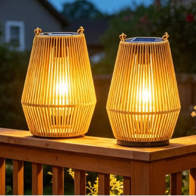 Image of Gr8 Garden Set Of 2 Solar Hanging Rattan Lantern LED Garden Patio Lights Natural Ip44
