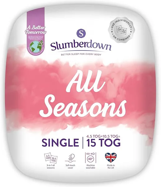 image of Slumberdown All Seasons Combi 15 Tog Duvet Duvets Single White 83833801010