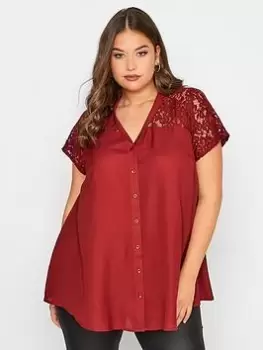 Image of Yours Lace Insert Blouse - Wine, Red, Size 18, Women