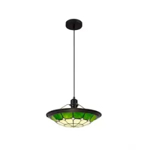 Image of 1 Light Ceiling Pendant E27 With 35cm Tiffany Shade, Green, Clear Crystal Centre, Aged Antique Brass Trim, Black - Luminosa Lighting