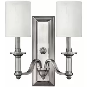 image of Loops - Twin Wall Light Clear Glass Column White Fabric Shade Brushed Nickel LED E14 60W