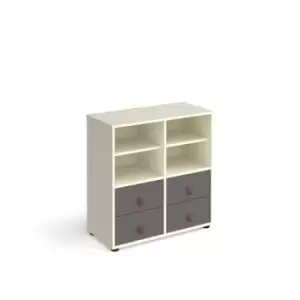 image of Universal cube storage unit 875mm high on glides with 2 matching shelves and 2 sets of drawers - white with grey inserts