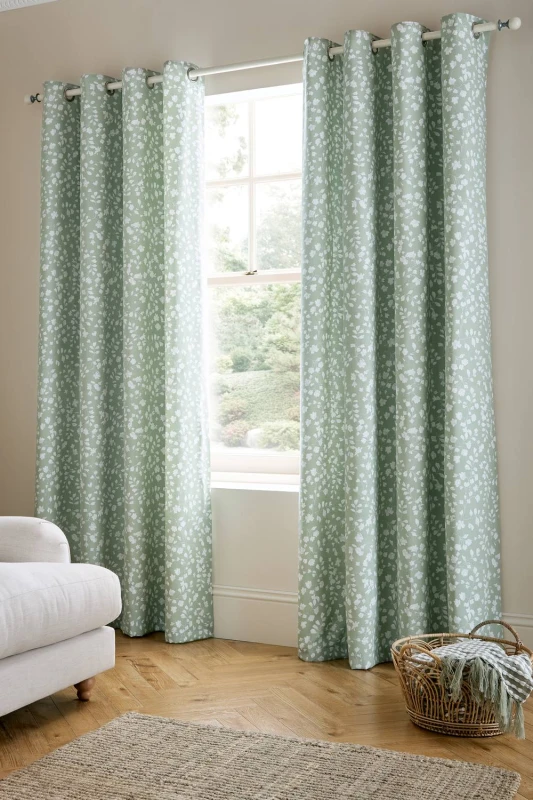 Image of Catherine Lansfield 'Arla Floral' Lined Eyelet Curtains in Green Size: 229cm width x 229cm drop Green Unisex 229cm width x 229cm drop