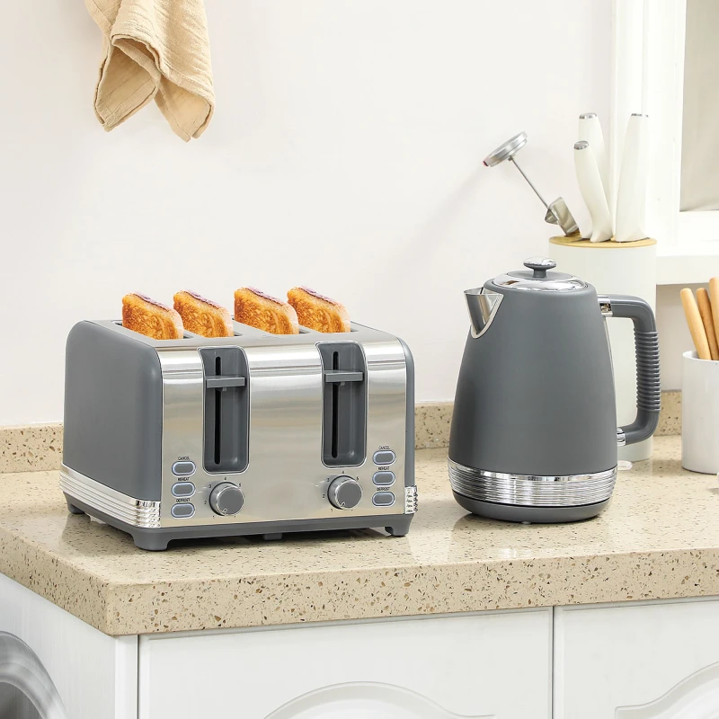Image of HOMCOM HOMCOM 1.7L 3000W Rapid Boil Kettle and 4 Slice Toaster Set w/Strix Thermostat in Grey Grey One Size Unisex 5063603970144