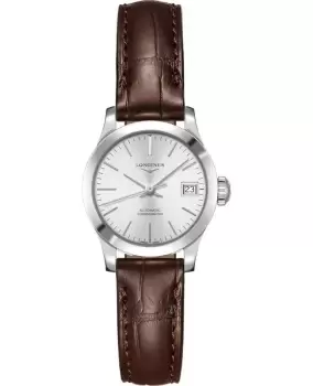 image of Longines Record Silver Dial Brown Leather Strap Womens Watch L2.320.4.72.2 L2.320.4.72.2