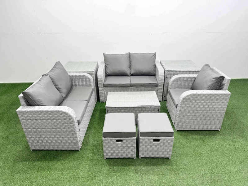 Image of Fimous High Back Poly Rattan Garden Furniture Set with Reclining Chair Loveseat Sofa Rectangular Coffee Table Indoor Outdoor Patio Set 2 Stool 2 Side