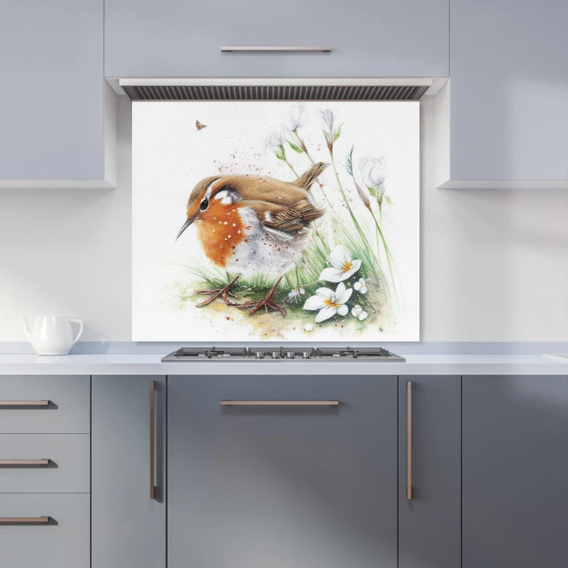 Image of Warren Reed - Designer Robin & Daisies Watercolour Kitchen Splashback in Brown Size: 600mm x 750mm Brown Unisex 600mm x 750mm