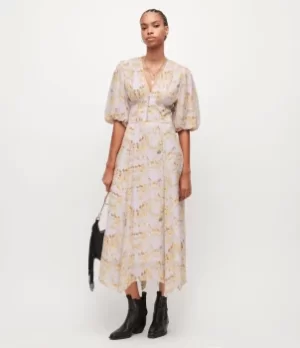 Image of AllSaints Womens Aspen Momo Maxi Dress, Yellow and White, Size: 14
