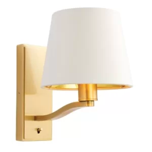 Image of Harvey 1 Light Indoor Wall Light Satin Brushed Gold, Vintage White Faux Silk, E14