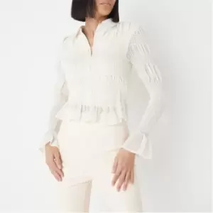 image of Missguided Shirred Chiffon Frill Blouse - Cream