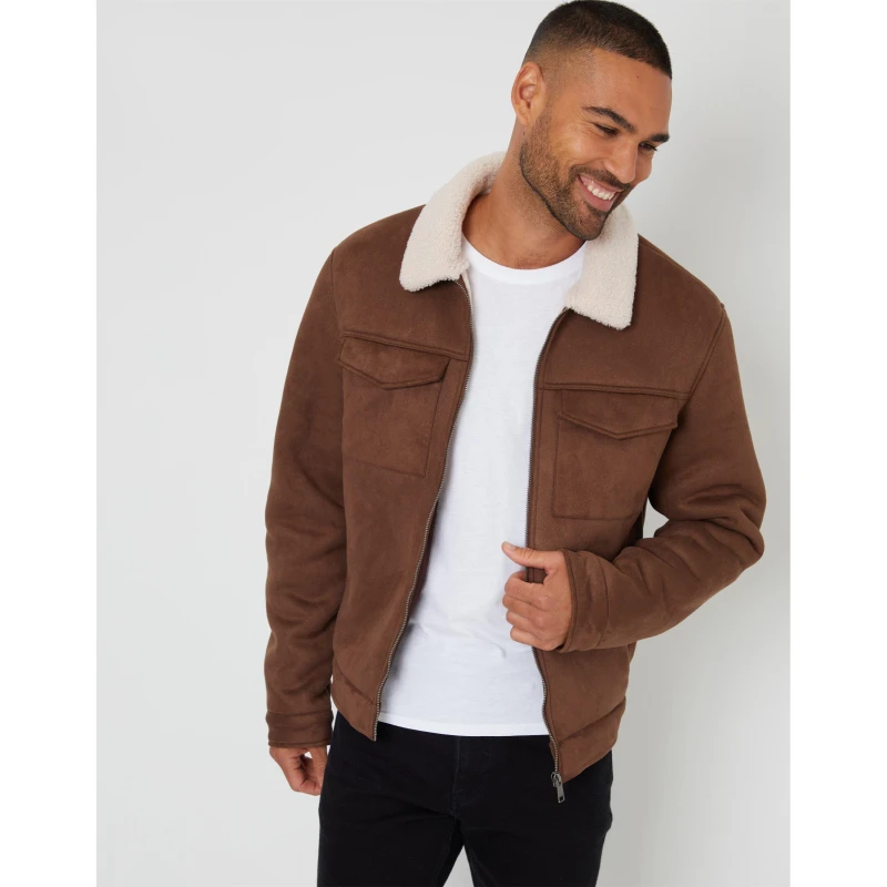 Image of Threadbare Threadbare Men 'Olpherts' Faux Suede Borg Lined Aviator Jacket in Taupe Size: Medium Taupe M Male 7625915020887