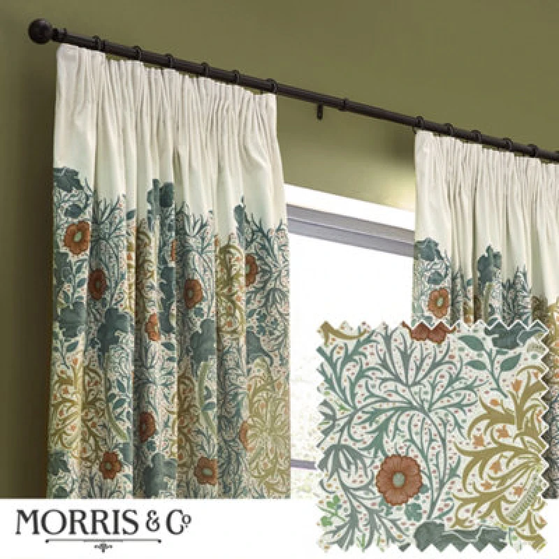 Image of Morris & Co Morris & Co Seaweed Printed Velvet Room Darkening Pencil Pleat Curtains in Stone Size: 117cm width x 137cm drop Stone 117cm width x 137c