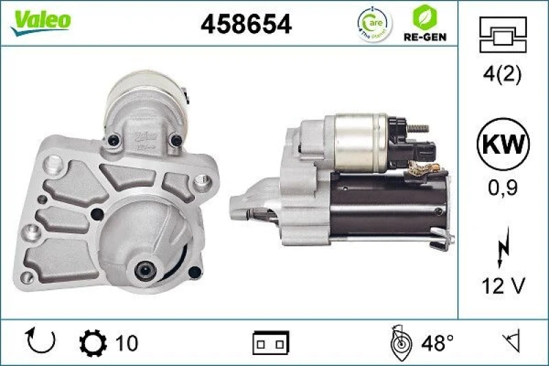 Image of VALEO 458654 Starter motor REMANUFACTURED PREMIUM, 0,9kW, 12V Starter (2)