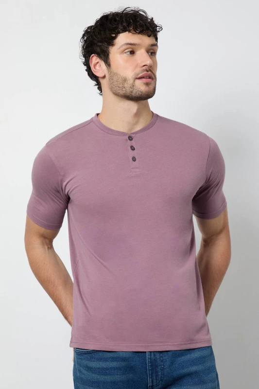 Image of Burton Burton Men Dark Pink Grandad Neck T-Shirt Size: Medium Dark Pink M Male 5045773267538