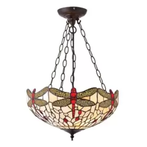 image of Interiors Dragonfly Beige - 3 Light Medium Inverted Ceiling Pendant Bronze, Beige, Dragonfly Tiffany Glass, E27