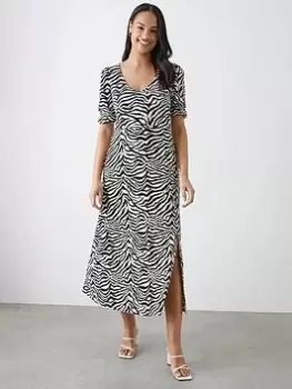 image of Dorothy Perkins Zebra V Neck Midi Dress - Black, Multi, Size 10, Women