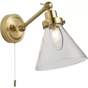 Image of Endon Faraday Bathroom Adjustable Dome Wall Light with Pull Cord Satin Brass Glass Shade