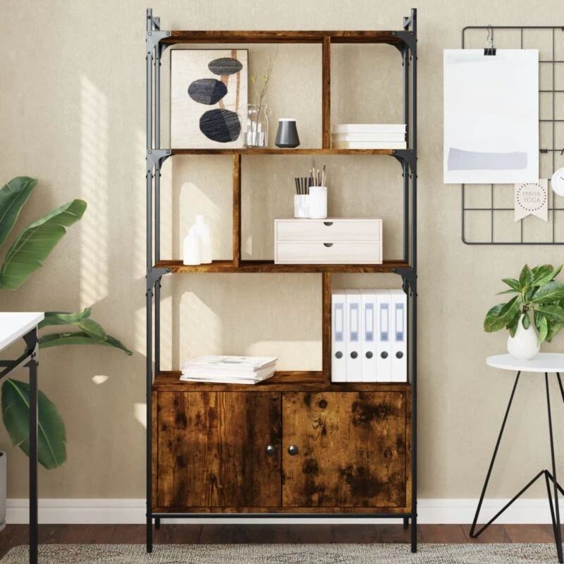 Image of Vidaxl Bookcase With Doors Smoked Oak 76.5X30X154.5cm Engineered Wood, Brown 833350
