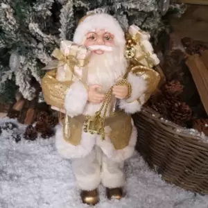 image of 45cm Standing Santa Christmas Decoration in White and Gold Suit with Gifts