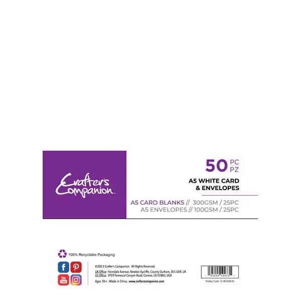 image of Crafter's Companion A5 Card Blanks & Envelopes White 300 GSM Pack of 25