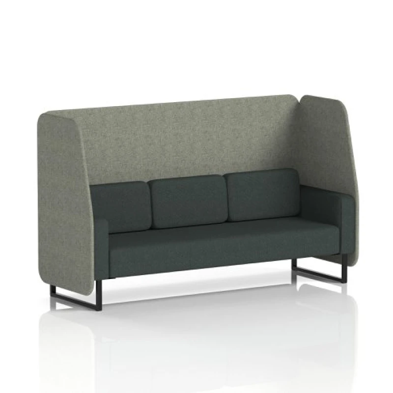 Image of Brixworth 3 Seater Open Office Booth with Black Legs in Rivet Fabric - Vitreous Panels and Charcoal Sofa