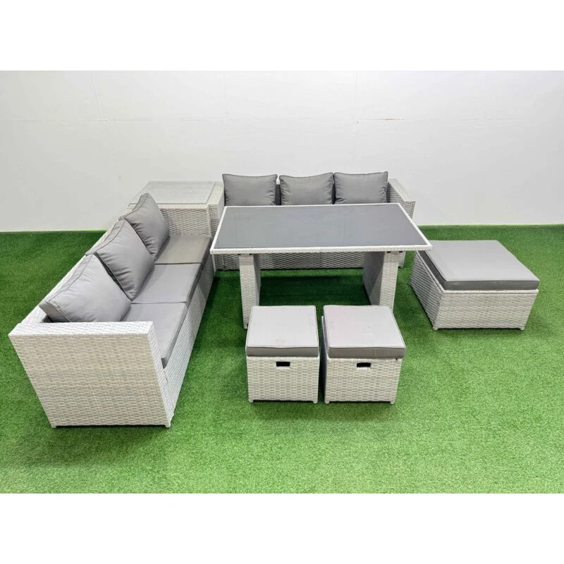 Image of Fimous 9-seater Patio Rectangular Table Sofa Set with Side Table 3 Stools in Light Grey Light Grey Unisex