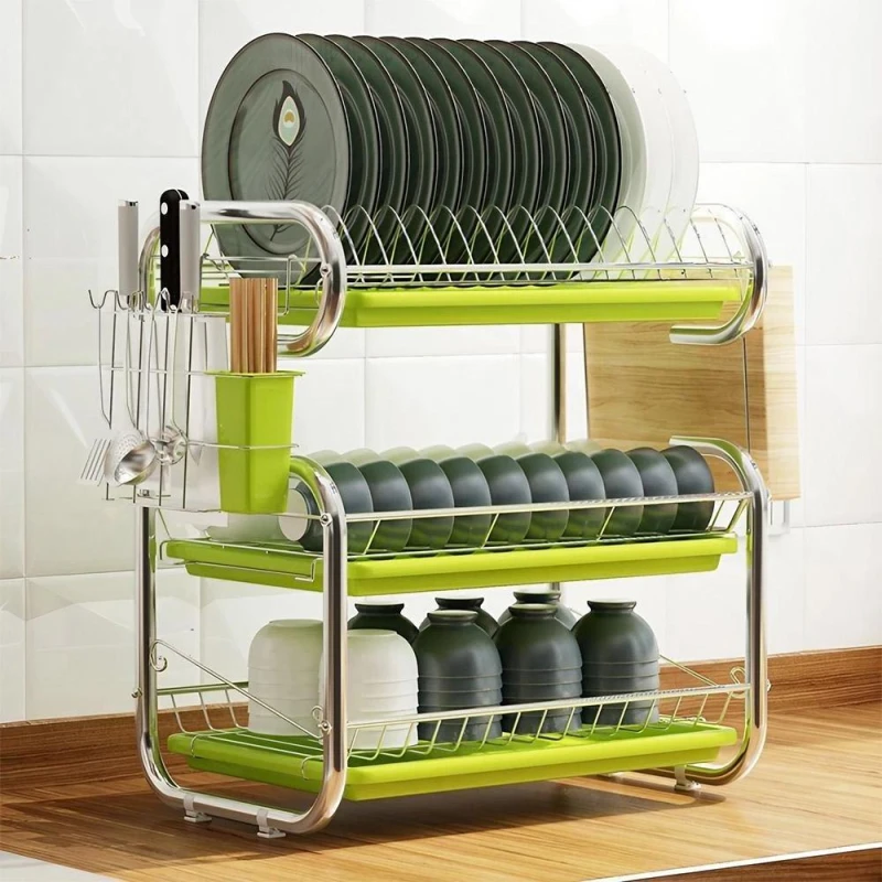 Image of Cottonfy UK 3-Tier Dish Drainer Storage Stand Green Green M