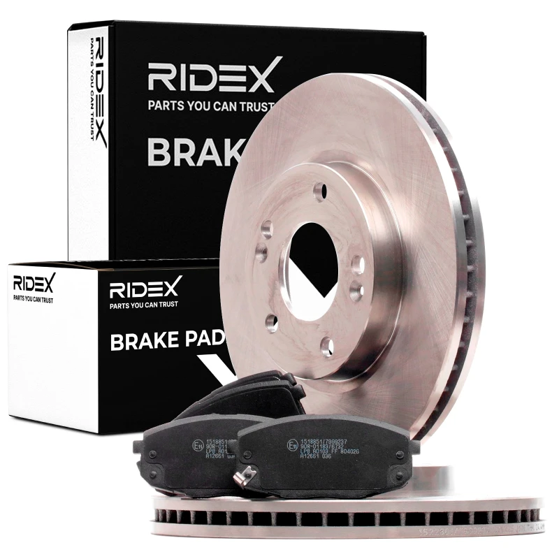 Image of RIDEX 3405B1150 Brake disc and pads set Front Axle, Brake Disc Type: internally vented, with acoustic wear warning Brake Set,disc brakes (3405)