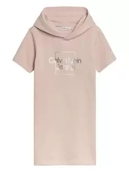 Image of Calvin Klein Jeans Girls Metallic Logo Short Sleeve Hoodie Dress - Pale Rose, Pale Rose, Size 10 Years, Women