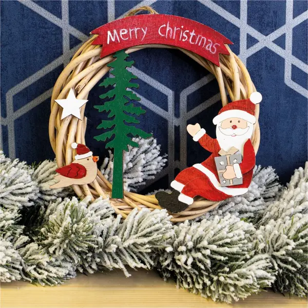 image of Festive Wicker Christmas Wreath with Santa Claus Design and LED String Light Battery Powered ELV-921152