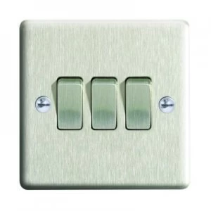 image of Wickes 10A Light Switch 3 Gang 2 Way Brushed Steel Raised Plate