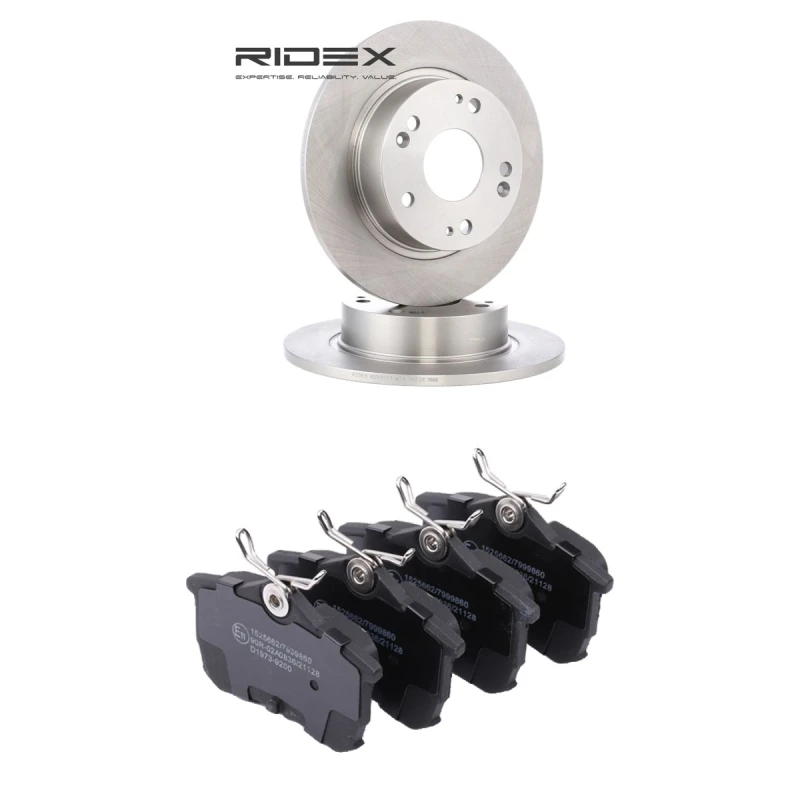 Image of RIDEX 3405B2328 Brake disc and pads set Rear Axle, Brake Disc Type: Solid, with acoustic wear warning Brake Set,disc brakes (3405)
