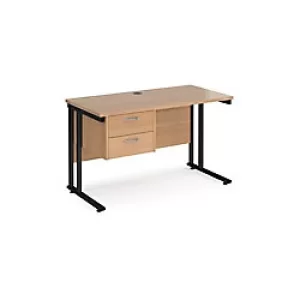 image of Rectangular Straight Desk with Cantilever Legs Beech Wood Black Maestro 25 1200 x 600 x 725mm 2 Drawer Pedestal