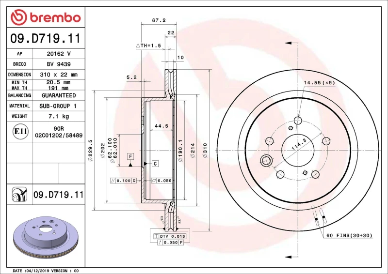 Image of BREMBO Brake disc BREMBO 09.D719.11