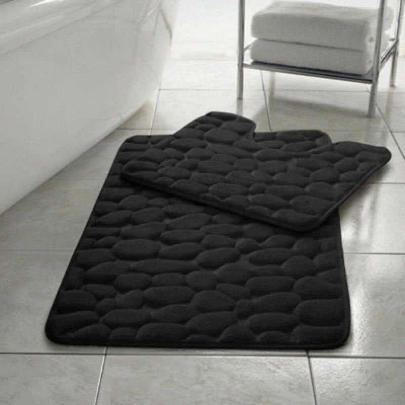 Image of HomeSpace Direct Memory Foam Pebbles Bath Mat Set 2 Piece Black
